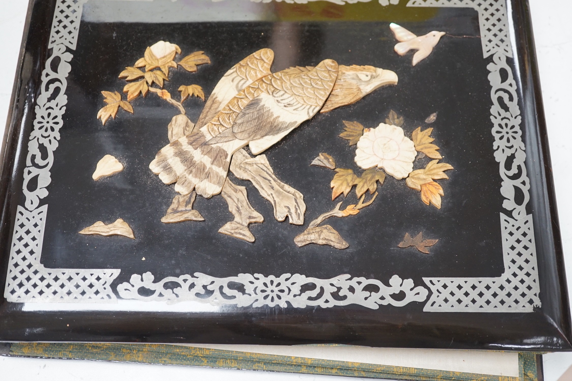 A Japanese shibayama style photograph album, vacant, 35cms wide x 27cms high